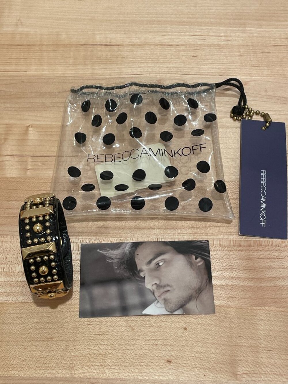 NWT Rebecca Minkoff Black Patent Gold Flowerstud Leather Cuff Bracelet